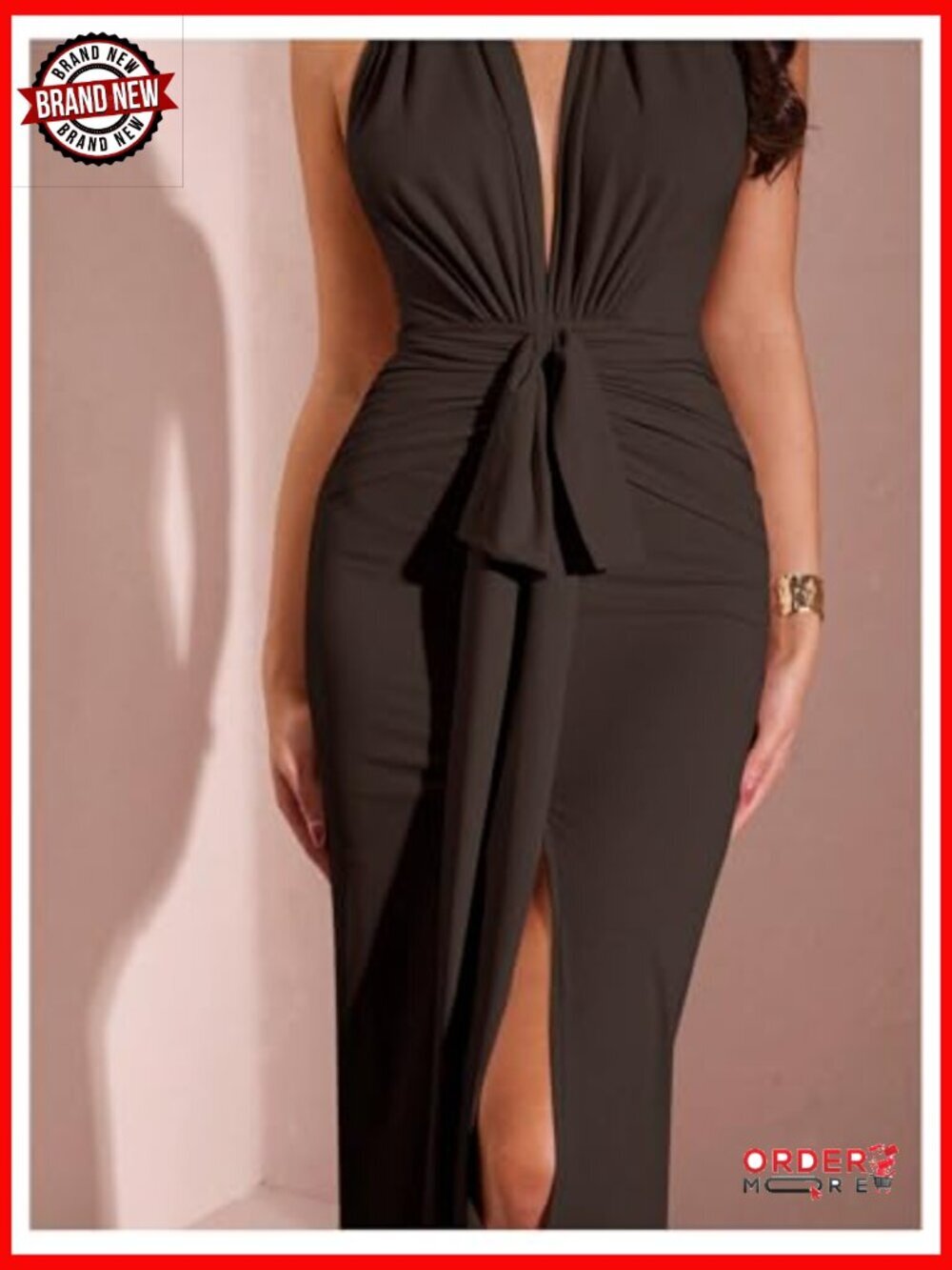 Deep V Neck Halter Maxi Dress with Bow Tie Front Split - Picture 4 of 5